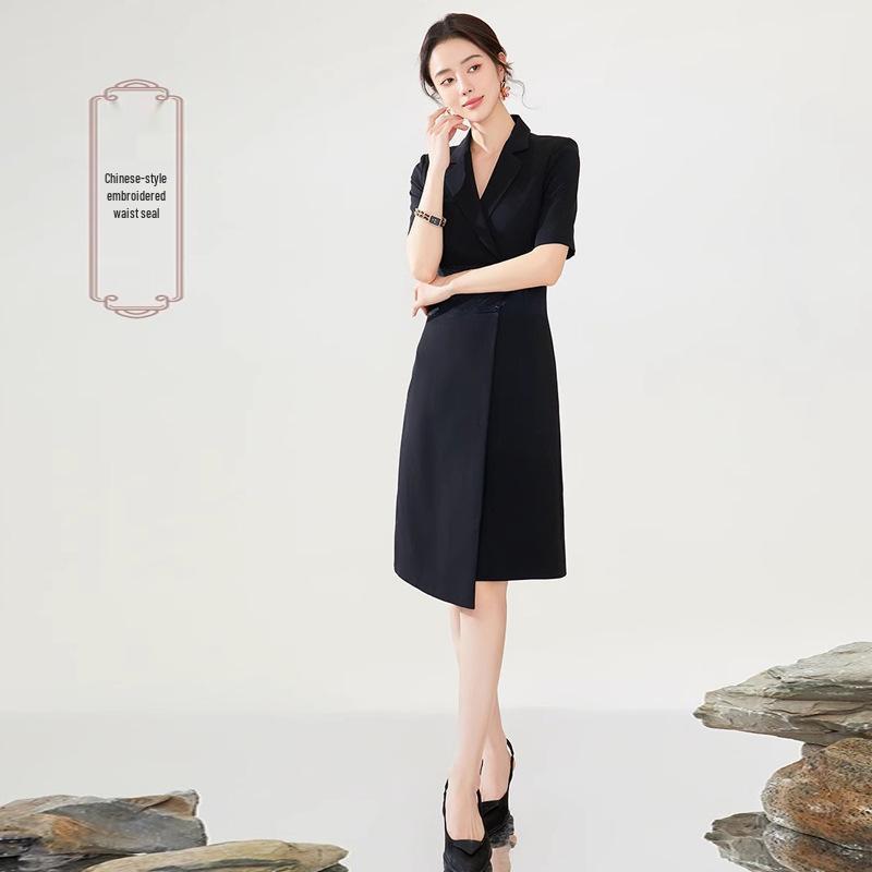 Summer Asymmetrical Color Block Chinese Style Dress - Women's Professional Short Sleeve Workwear