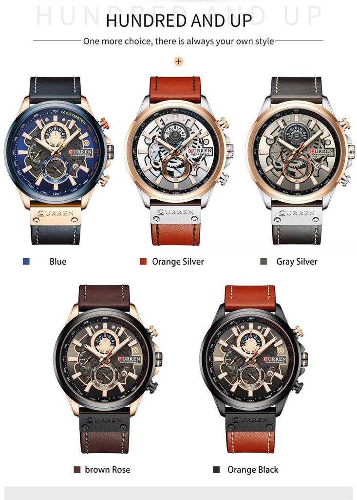 Curren 8380 Men's Waterproof Multifunctional Quartz Sports Watch with Leather Strap and Calendar