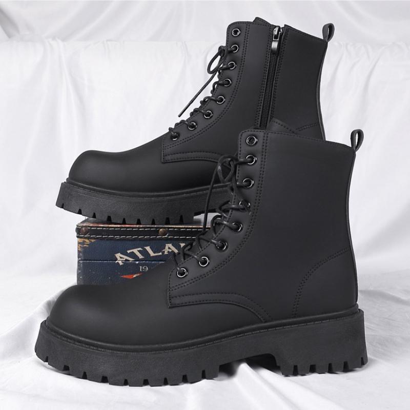 Black Leather Boots for Men High Top Platform Lace Up Light Fashion Motorcycle Boots British Style Men's Waterproof Casual Boots
