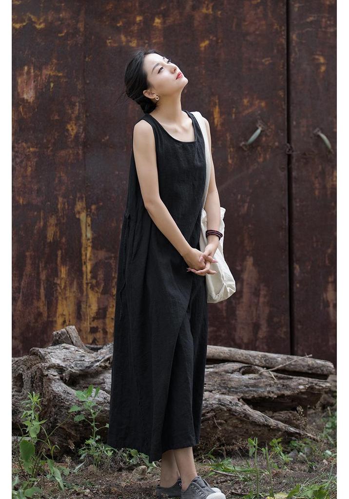 2025 Autumn/Winter Women's Cotton & Linen Ramie Tie-Up Sleeveless Dress - Long Artistic Skirt for Home & Travel