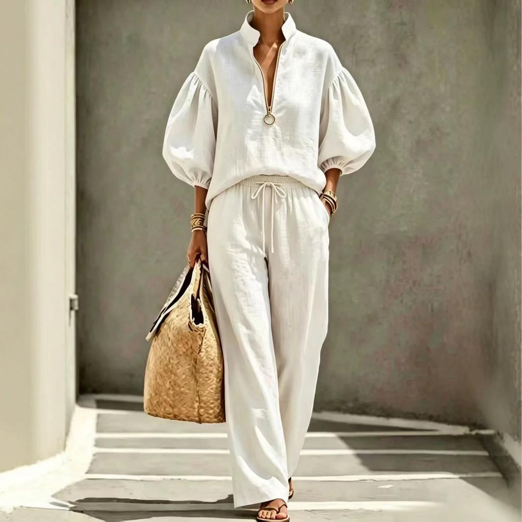 2026 summer new European and American cross-border women's clothing foreign trade casual loose solid color half zipper lantern sleeve women's suit