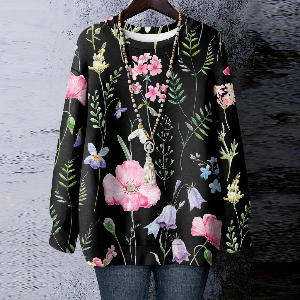 Women's Floral Print Round Neck Long Sleeved T-shirt Sweatshirt Top