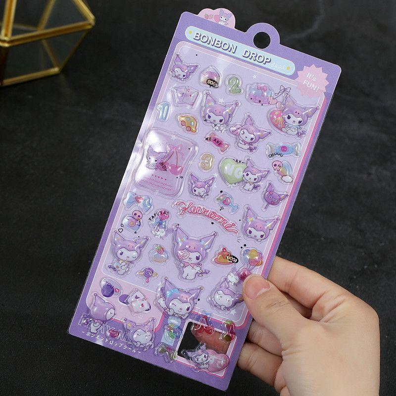 Kawaii Kuromi Stickers Cute Cartoon Anime Cinnamoroll Melody Pochacco 3D Relief Waterproof Doll Children Toy Girl Gift Wholesale