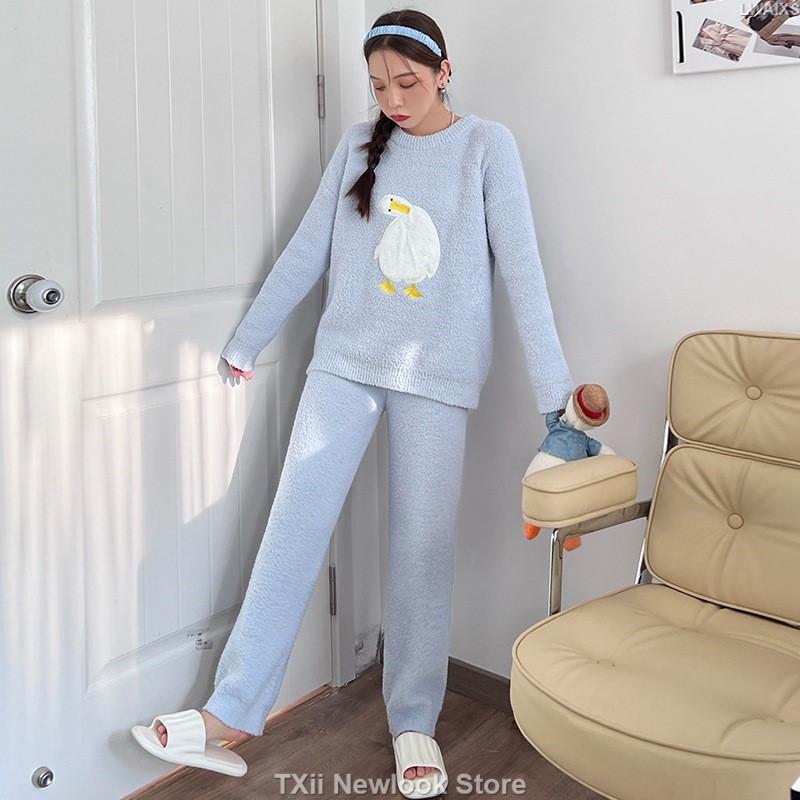 

Милая пижама с утятами женская осенне-зимняя мягкая утолщенная трикотажная мультяшная одежда для омоложения в академическом стиле домашняя одежда One Size