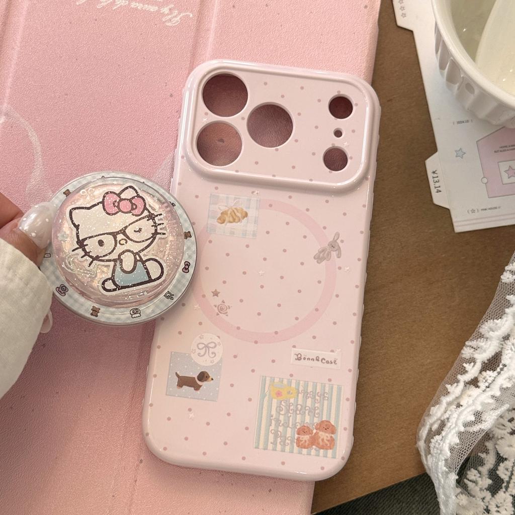 Collage Wind Cartoon Magnetic Suction Bracket Iphone17pm Mobile Phone Case Apple 16 for 13 Glitter Cat 11 Soft 15