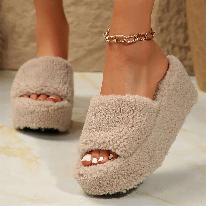 Fashion Autumn Winter Wedge Fluffy Slippers Woman 2024 New Home Fur Slippers for Women Chunky Platform Slides Cozy Fuzzy Indoor Shoes
