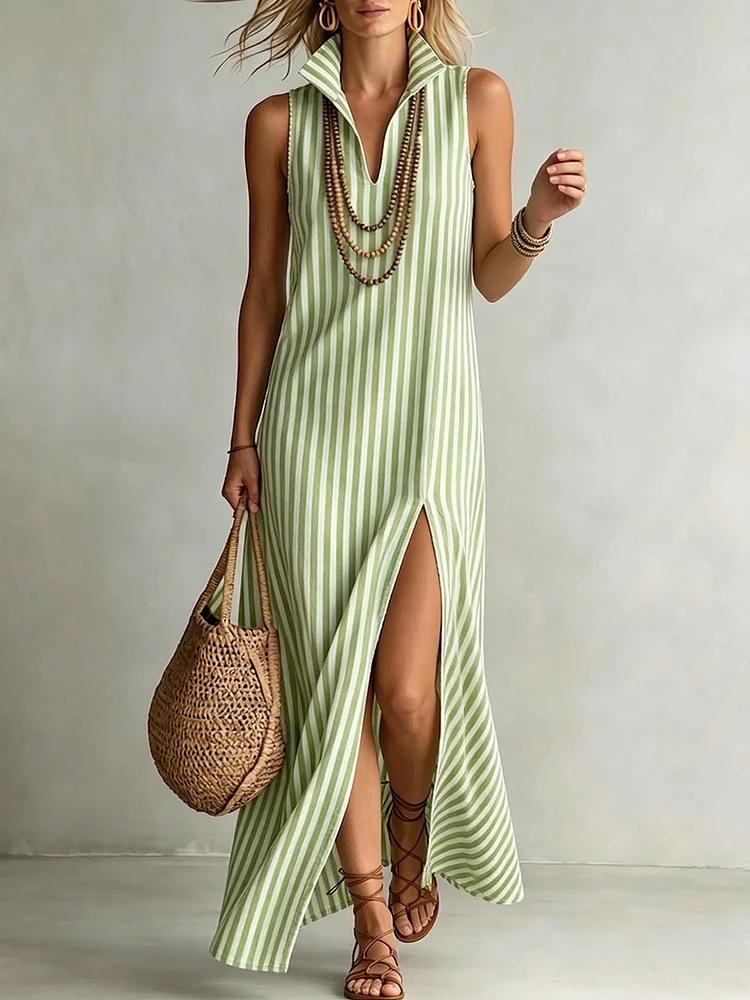 Women Striped Sleeveless Maxi Dress V Neck High Slit Summer Dress S