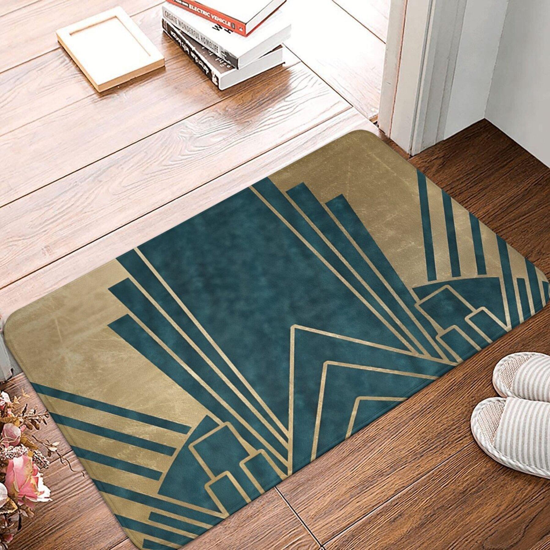 

Lightweight Machine Washable Polyester Art Deco Glamour Doormat - Teal and Golden Rectangle Non-Slip Floor Mat for Home Decor 40X60cm