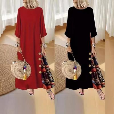 Three-quarter Sleeves Round Neck Printed Patchwork Loose Long Women's Dress Clothes Sale