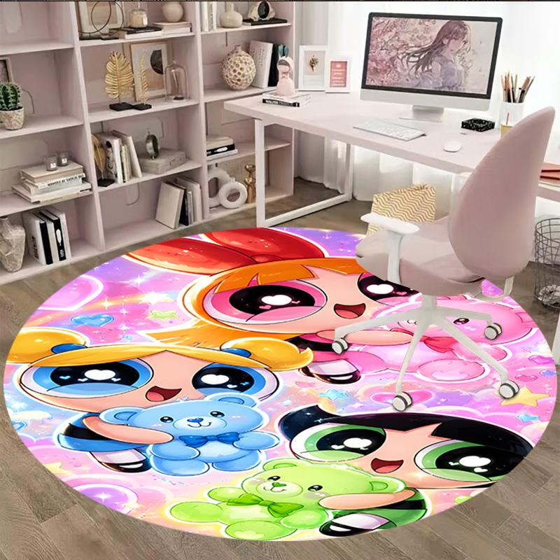 1pc Powerpuff6 Carpet, Round Rug, Comfortable, Suitable for Entryways, Living Rooms, Office, And Bedrooms, Christmas Decoration