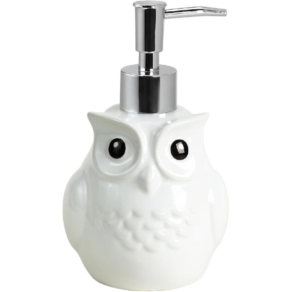 Bicuzat Ceramic White Owl Shaped Soap Dispenser with Plastic Pump, Body Lotion Soap Bottle, Hand Soap Dispenser for Bathroom Kitchen Countertop