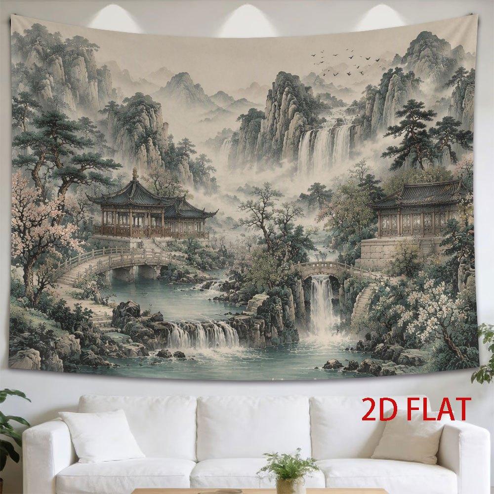 2D Flat - 2D Flat - 1pc 2D Flat Tapestry Serene Mountain Landscape with Ancient Pavilions, Waterfalls, And Pine Trees, Evoking Tranquility And Natural
