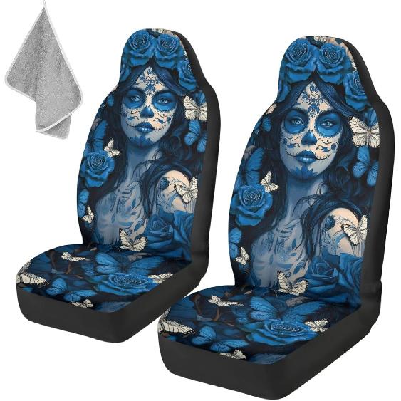 Gothic Skull Car Seat Covers Highback Bucket Seat Cover Universal Front Bucket Seat Cover,2pcs Universal Fit, Halloween Bat Auto Accessories