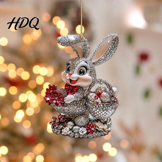 Decorative Rabbit for Home Window Easter Bunny Acrylic Pendant Cute with Basket 2D Car Creative Basket Accessory Rearview Mirror Hanging Ornament,