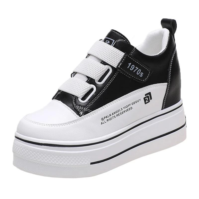 

Женские дышащие кроссовки, обувь на платформе 8 см, повседневная обувь для отдыха, кожаные белые туфли, женские вулканизированные туфли 34 чёрный