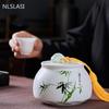 Chinese Bamboo Leaf Pattern Ceramics Tea Caddy Tieguanyin Containers Travel Portable Tea Box Sealed Jar Coffee Spice Organizer