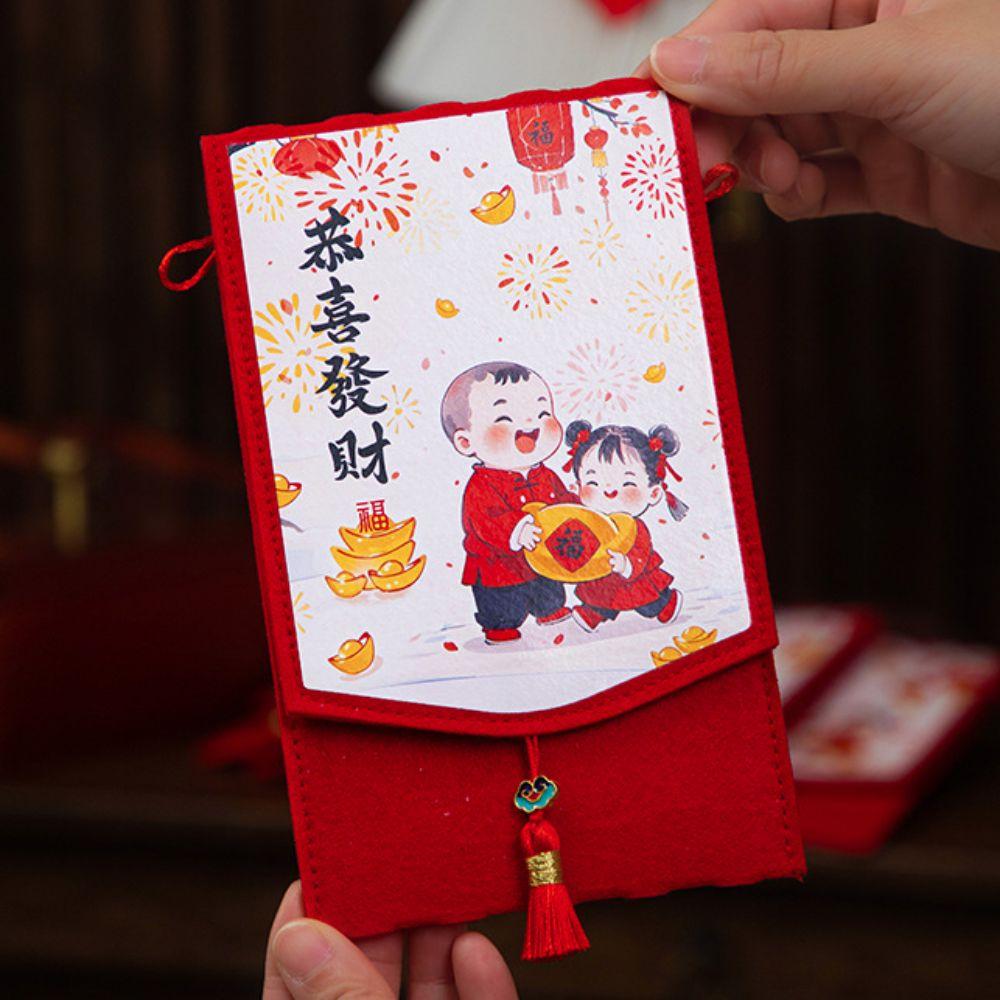 Traditional Spring Festival Cloth Red Envelopes Chinese Style Rectangular New Year's Blessing Bag Reusable Cartoon Pattern