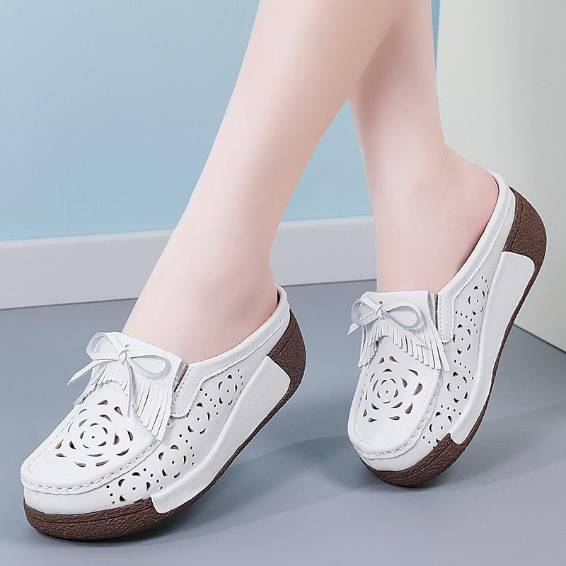 Damen Sandalen mit Höhenabsatz Plateau Loafers Rot Slipper zum Hineinschlüpfen Lässige Clogs Blume Leder Weiße Schuhe für Mutter