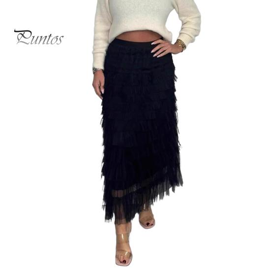 

Женская юбка миди с эластичной высокой талией, многослойная сетчатая пряжа, длинная юбка, однотонная, утягивающая, универсальная юбка 3XL чёрный