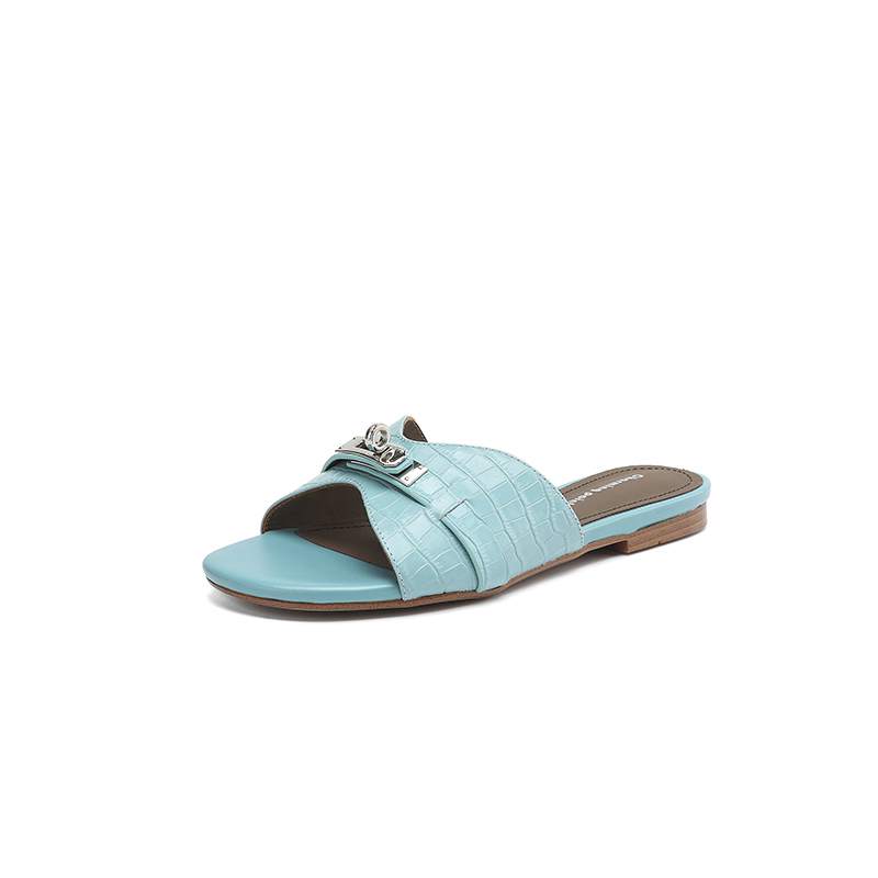 Krazing Pot Cow Skin Mules Summer Size 42 Low Heels Luxury Shoes Metal Decoration Women Superstar Women Peep Toe Slip on Sandals