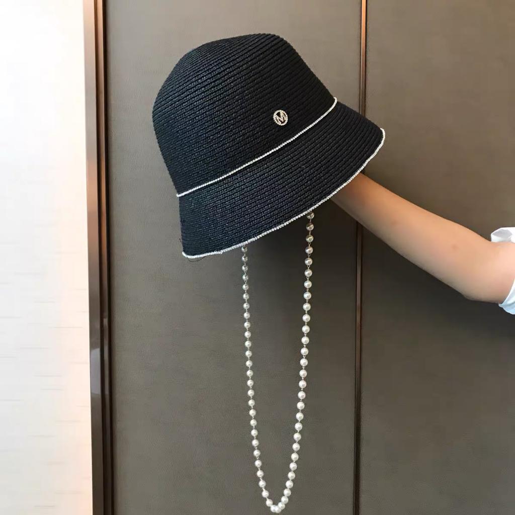 Summer Pearl Chain Bucket Basin Hat Outdoor Travel Anti-Sun Cover Face Straw Bucket Hat Women'S Diamond Sun Hat