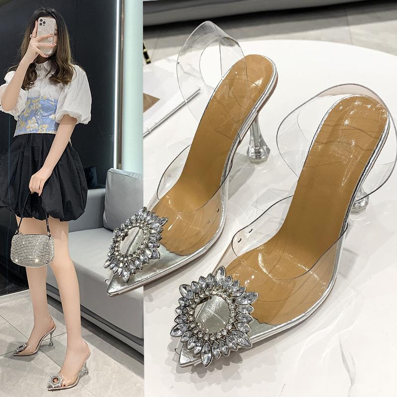 Foreign Trade Large Size Sun Flower Cool Slippers Women's Style Pointed Transparent High Heels Bag Head Wine Glass and Sandals