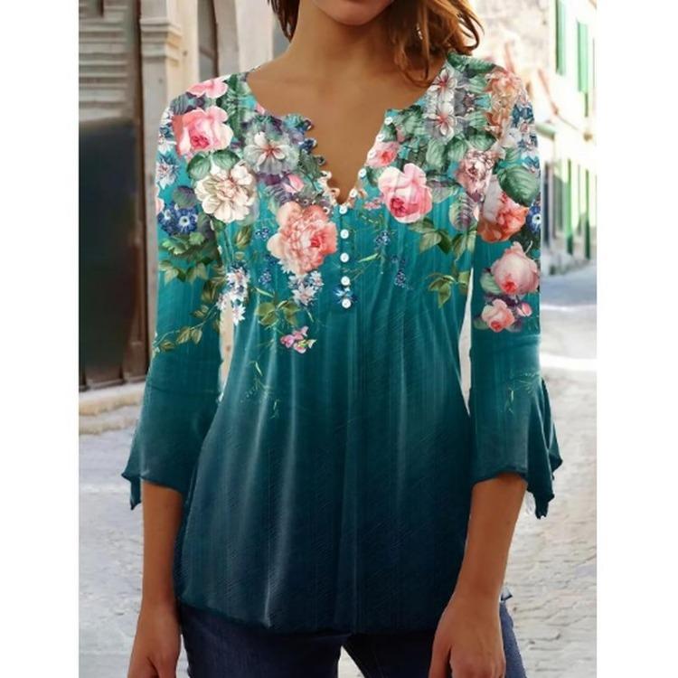 Damska Koszulka Plus Size z Kwiatowym Nadrukiem, Bufiastymi Długimi Rękawami, Luźna, z Dekoltem V, Zapinana na Guziki, Bluzka