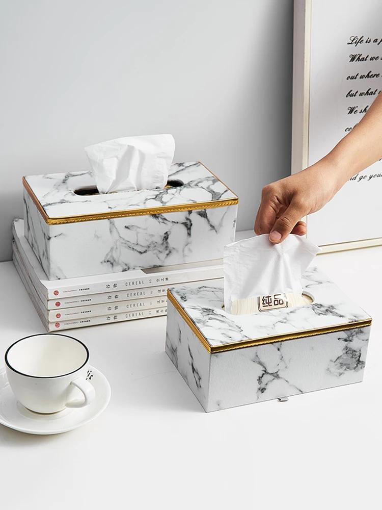 Home Living Decoration Accessories Leather Marble Grain Tissue Box Simple Kitchen Decor Interior Tabletop Ornament Napkin Holder