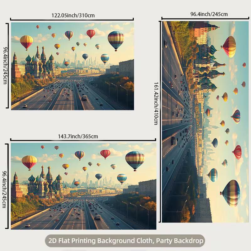 2D European City Backdrop Moscow Cathedral with Colorful Hot Air Balloons Party Photo Background