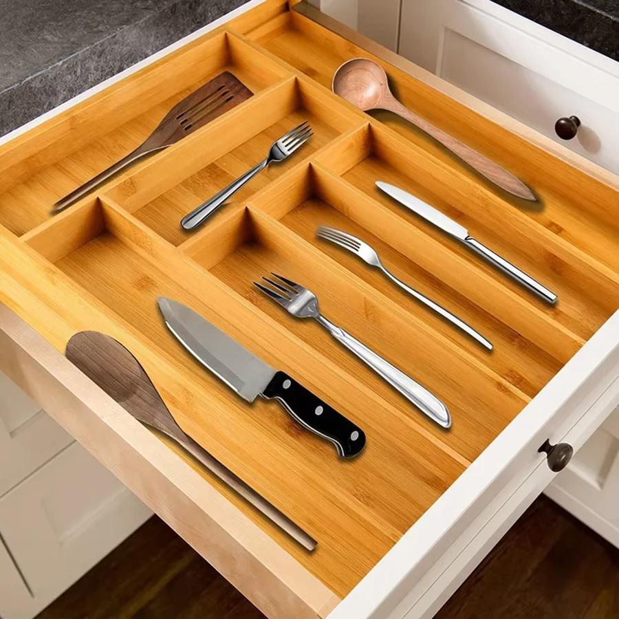 Bamboo Cutlery Rack Expandable Drawer Organizer, Adjustable Cutlery Tray, Wooden Cutlery Drawer Divider Organizer, Kitch