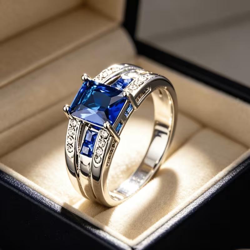 Fashion Female Blue Zircon Square Finger Ring Yellow Gold Color Wedding Jewelry for Women Party Accessories