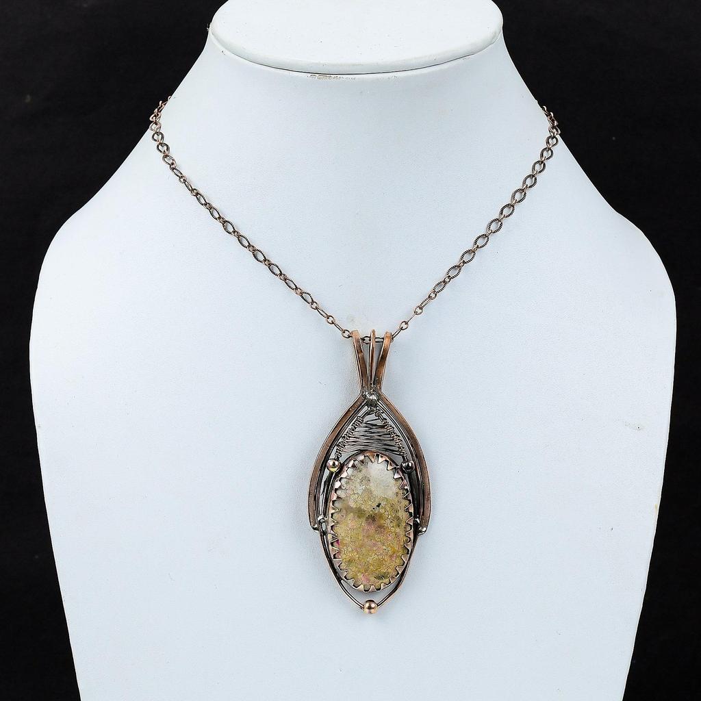 Elegant Fossil Coral Gemstone Pure Copper Wire Wrapped Handmade Pendant Jewelry