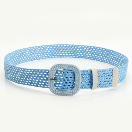 Straw Woven Belt with Oval Square Buckle Hollow Design Decorative Jeans Belt Breathable Weave Adjustable Shirt Waistband