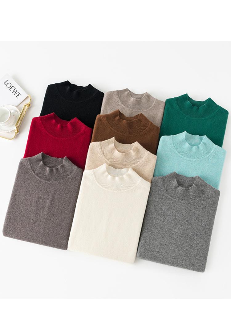 Women's Autumn/Winter Half-High Collar Cashmere Sweater - Solid Color, Short Pullover Base Layer.