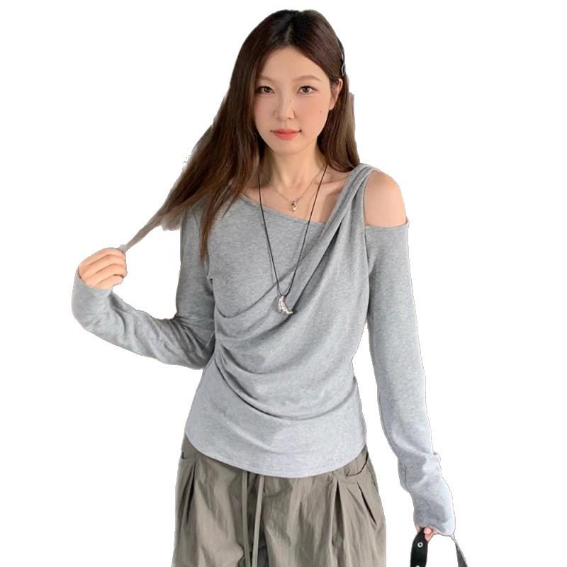 Gray Off-the-Shoulder Ruched Slim-Fit Long-Sleeve T-shirt for Women - Early Autumn Design