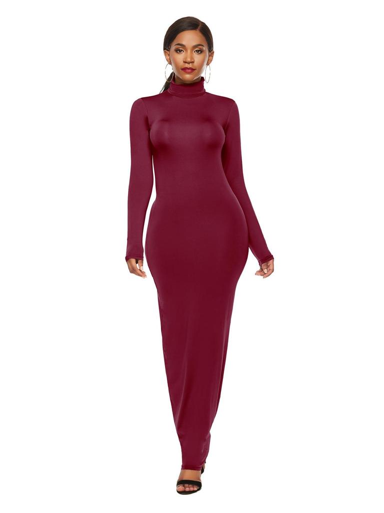 Women's Long Sleeve Solid Color Slim Fit High Neck Dress - European & American Fashion