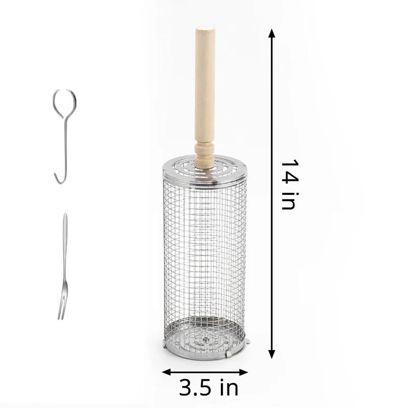 BBQ Basket Stainless Steel Rolling Grilling Basket Set Wire Mesh Cylinder Grill Basket Outdoor Camping Bbq Rack With Wood Handle
