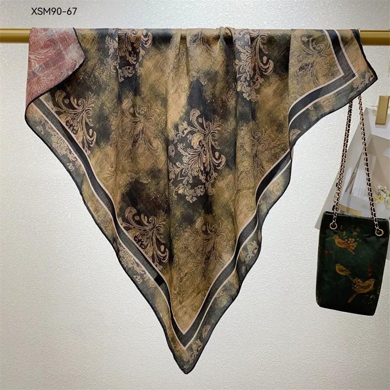 Double-Sided Faux Silk And Wool Printed Scarf For Women Spring And Autumn 90Cm Square Scarf Foulard Bandana Femmel Headscarf