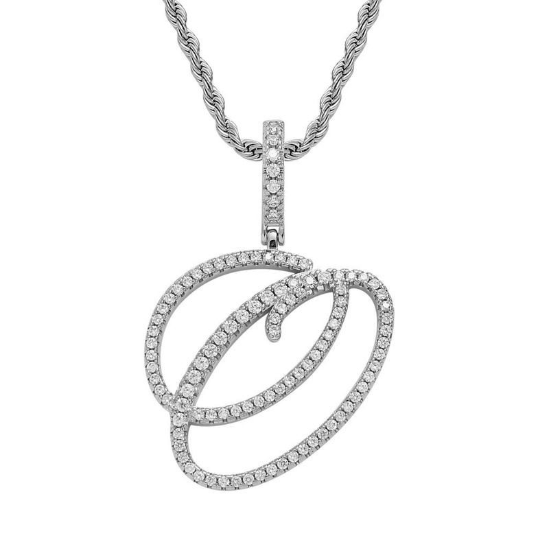

European and American Hip-Hop Pendant with Cursive English Letters, 18K Gold Inlaid with Zircon, Nightclub Party Necklace O (Silver) +60Cm Twist Chain