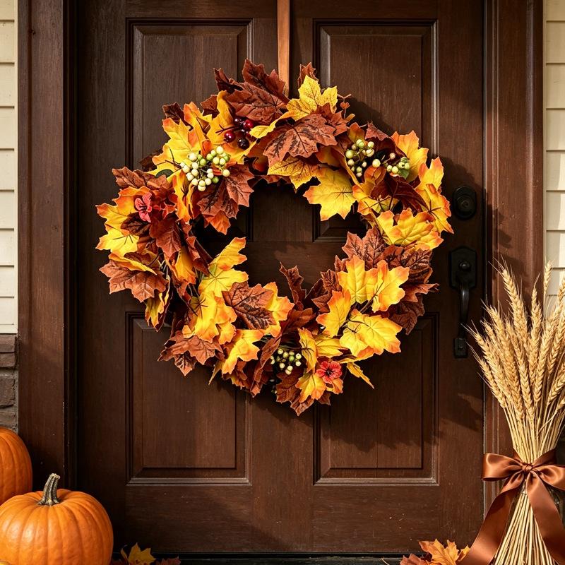 Autumn Maple Leaf Floral Wreath Door Decor for Halloween & Thanksgiving