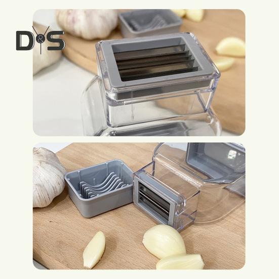 Cortador de ajo Manual, cuchillas de acero inoxidable, fácil de usar, preparación rápida de ajo, protección contra lesiones en las manos, cortador de ajo