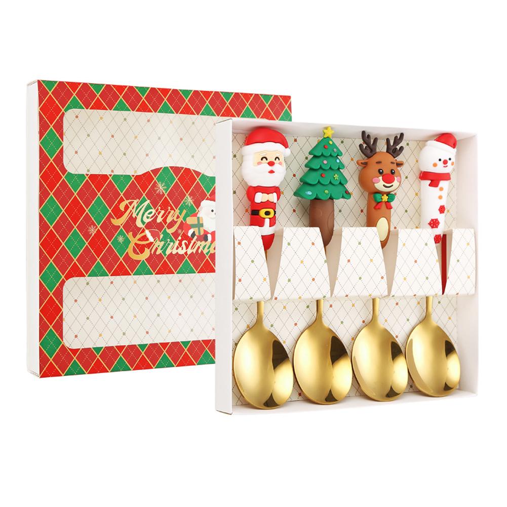 4 STÜCKE Weihnachtsgeschirr Edelstahl Besteck Dessertgabel Kaffeelöffel Weihnachtsmann Besteck Mit Luxus Geschenkbox Für Weihnachten