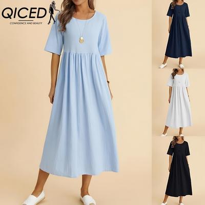 Damenmode Einfarbiges Kleid Großes Loses Baumwollleinen Rundhals Midikleid Fünfteilige Ärmel