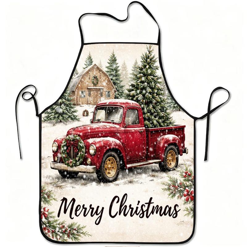 1pc Holiday Christmas Red Truck Winter Snow Scenery Apron, Durable And Easy To Clean, Adjustable Waist, Polyester Material, Suitable for Kitchen Cooki