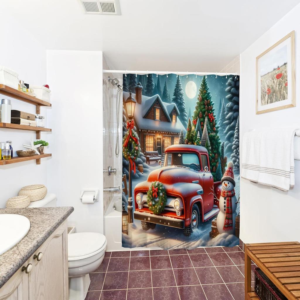 Fabric Christmas Shower Curtain Set- Vintage Xmas Tree Fireplace Winter Holiday Bath Bathroom Decor Curtain Polyester,Washable
