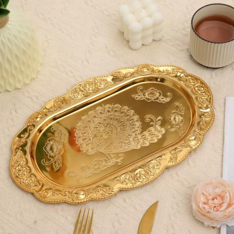 European Vintage Fruit Plate, Alloy Household Rectangular Plate, Golden Dessert Hotel Tray, High-End Home Tabletop Decoration