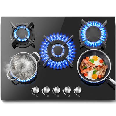 5-Burner 70cm Glass Gas Cooktop Built-In or Freestanding with Automatic Flame Protection for Natural Gas or Propane