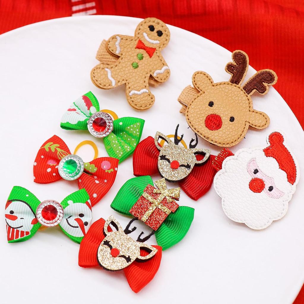 50PCS Christmas Dog Bows with Rubber Bands Puppy Hair Clips with Santa Claus Christmas Tree Elk Snowflake Dog Hair Accessories for Small Medium Dogs