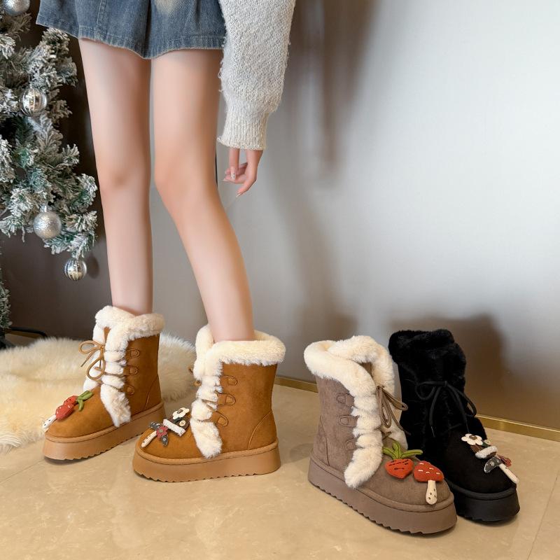 Women's Lace-up Large Size Thick Sole Winter Warm Fur Snow Boots Padded Lined Ankle Boots Anti-slip Hiking Sports Cotton Boots