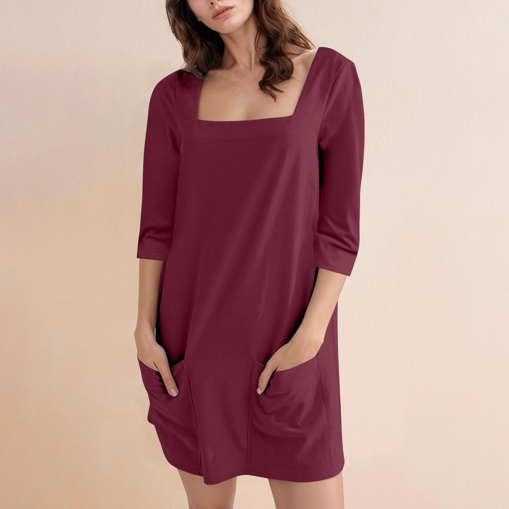 Women's Fashion Casual Solid Color Square Neck 3/4 Sleeve Short Dress